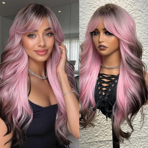Miniatura 11 de topshe Peluca ondulada de color rubio ceniza con flequillo, cabello sintético resistente al calor para mujeres, capas de mariposa preestilizadas