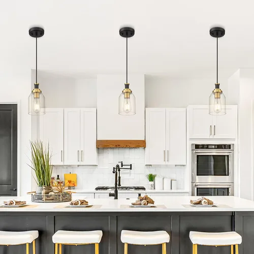 Miniatura 8 de Zeyu Lámpara Colgante Moderna de Oro, Lámpara Colgante de Vidrio de 1 Luz para Cocina y Comedor, Soporte de Vidrio Transparente, Acabado en Negro