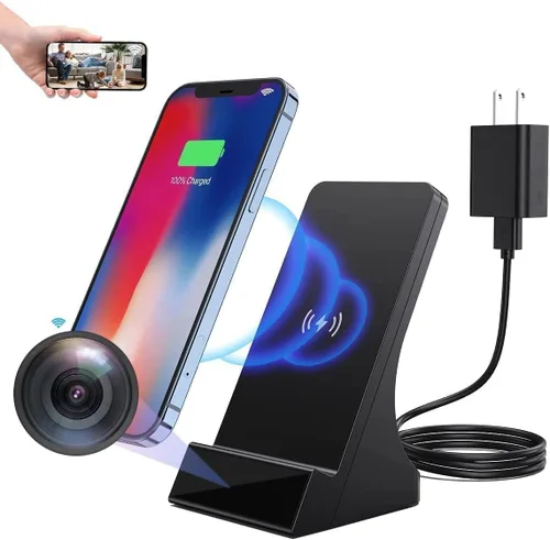 Cámaras espía con cargador inalámbrico, 1080P HD Mini cargador de teléfono para niñera, cámara de vigilancia para oficina en casa