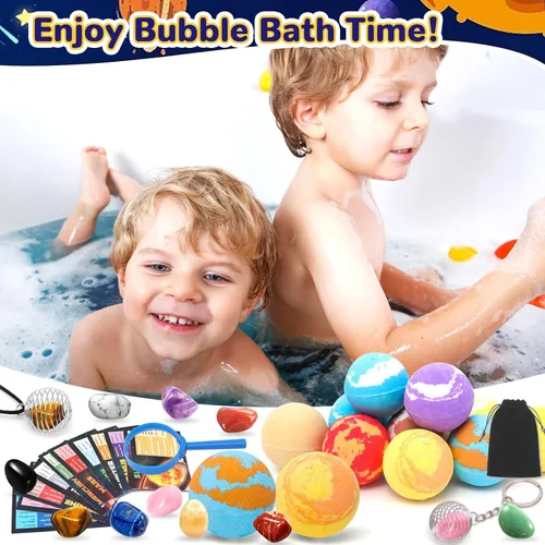 Miniatura 5 de Paquete de 10 bombas de baño de galaxia para niños con juguetes sorpresa en el interior, bombas de baño de burbujas orgánicas con piedras preciosas