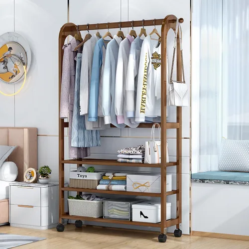 Miniatura 2 de Bamboo Clothes Rack with Wheels,Garment Rack,Multifunctional Entryway Clothing Storage,Hanging Rod for Small Spaces,with Shoe Storage Shelf and 50cm