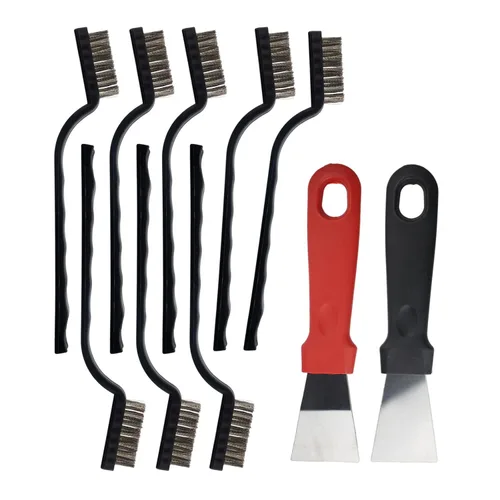 Mini cepillo de alambre, juego de 8 cepillos de acero inoxidable, cepillo para raspar para limpiar escoria de soldadura y óxido, y calcomanías,