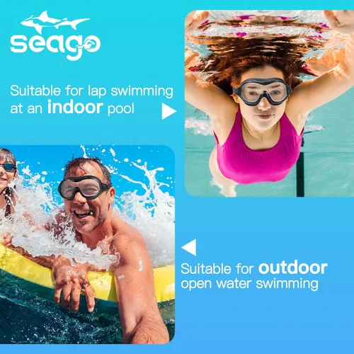 Miniatura 4 de Seago Gafas de natación sin fugas, antivaho para piscina, para adultos, hombres, mujeres, jóvenes, protección UV, visión clara de 180°