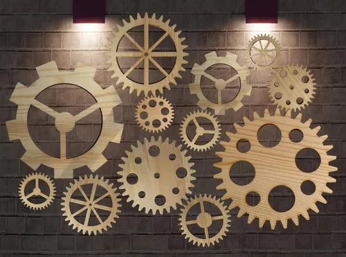 AMQUAL 12 ruedas de engranaje de madera, decoración industrial de pared Steampunk, juego de engranajes de madera vintage para granja, bar,