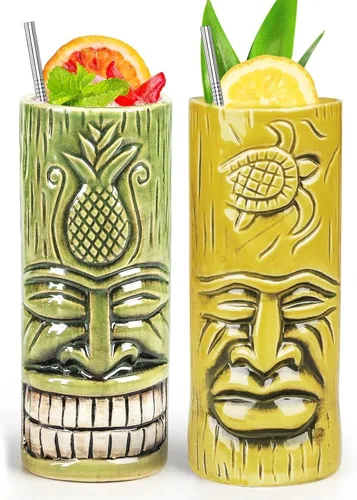 SuproBarware Tiki - Juego de 2 tazas de cerámica para fiestas con pajitas, juego de tazas creativas grandes hawaianas grandes para bar
