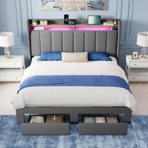 Miniatura 3 de Allewie - Base de cama con plataforma de tamaño Queen, tapizada, con cabecero acolchado con botones verticales, 2 niveles de almacenamiento con Gris