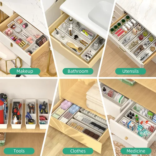 Miniatura 8 de Bandeja organizadora de cajones de escritorio, paquete de 4 organizadores de cajones expandibles con divisores ajustables, cubos organizadores