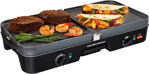 Hamilton Beach Parrilla eléctrica 3 en 1 para interiores + plancha, platos antiadherentes reversibles de 8 porciones, 2 zonas de cocción con