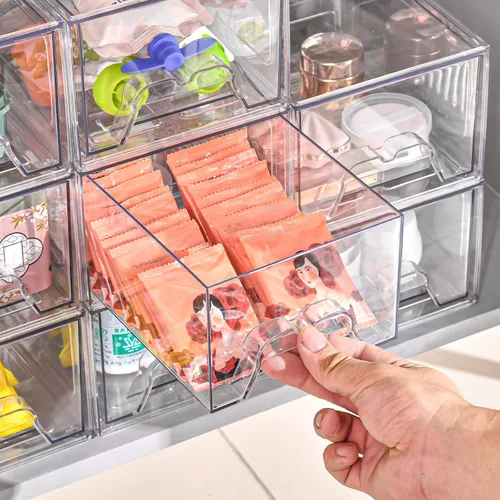 Miniatura 7 de Juego de 4 cajones organizadores de maquillaje apilables, organizadores de plástico transparente para suministros de belleza, ideal para tocador