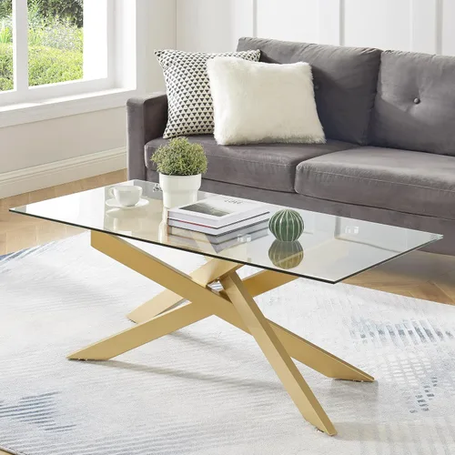 Mesa de café dorada para sala de estar, mesa de café moderna de vidrio con tapa de vidrio templado de 47" y patas metálicas tubulares para espacios