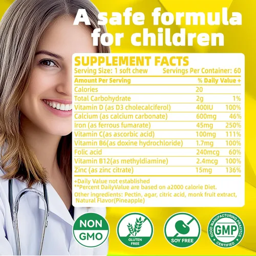 Miniatura 4 de Suplemento masticable suave de hierro con vitamina C Sabor a piña Sin gluten Suplemento de hierro para mujeres, hombres y niños 60