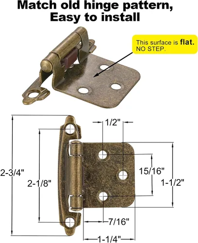 Miniatura 2 de 4 Pack (2 Pares) Bisagras de cierre automático de latón antiguo para puerta de gabinete de cocina, 1/2" de superposición (variable) Bisagras