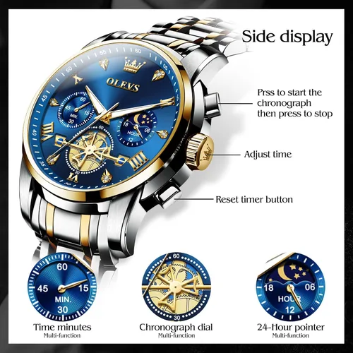 Miniatura 6 de OLEVS Watch Men Luxury Fashion Watches for Men Classic Large Face Stainless Steel Waterproof Mens Watches Analog Quartz Fancy Dress Date Moon Phase