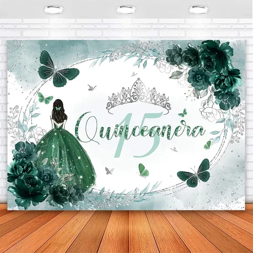 Avezano Telón de fondo de quinceañera para cumpleaños de 15 años, pancarta de membrillo verde y plateado con corona floral de quinceañera,