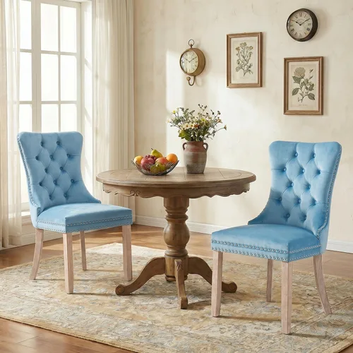 Miniatura 27 de SoarFlash Juego de 2 sillas de comedor de tela de lino, sillas de comedor tapizadas con ribete de cabeza de clavo y patas de madera de color claro