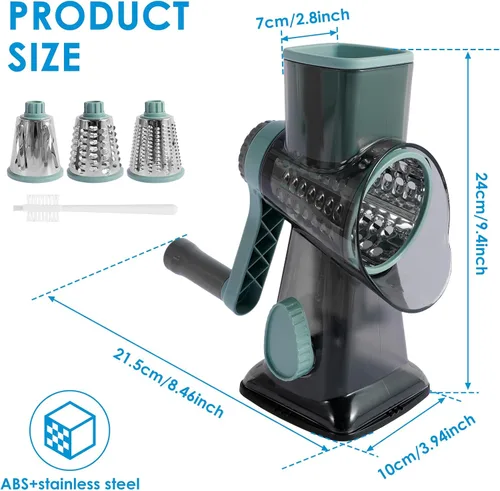 Miniatura 2 de Rallador de queso giratorio con asa, trituradora de 3 cuchillas de acero inoxidable, cortador manual de queso, ralladores de manivela para cocina