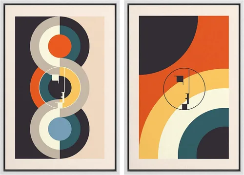 Miniatura 114 de IDEA4WALL Lienzo enmarcado para pared, juego de arte Bauhaus dorado de mediados de siglo, patrón de cuadrícula moderna, ilustraciones con formas