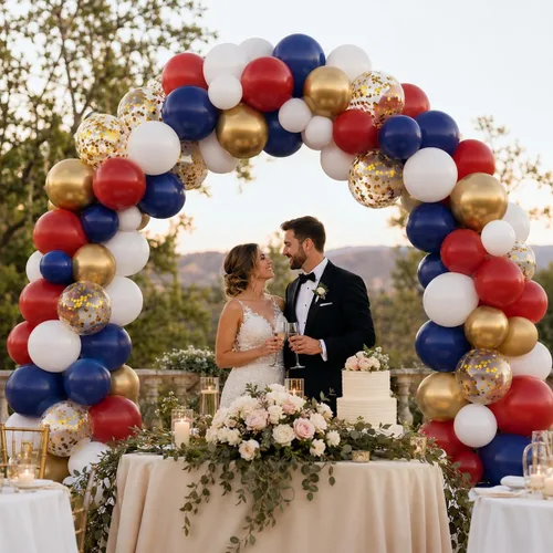 Miniatura 6 de Globo Rojo Blanco Azul, 50 unidades de 12 pulgadas, globos de látex azul marino, rojo rubí oscuro, confeti dorado metálico para baby shower