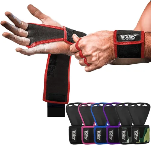 Miniatura 12 de JerkFit WODies - Agarres de gimnasia y levantamiento de pesas con muñequeras – Guantes de gimnasio versátiles de 3 agujeros para dominadas