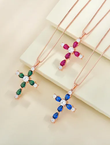 Miniatura 50 de YL Collar de cruz de plata de ley 925 con colgante de piedra natal religiosa para mujer