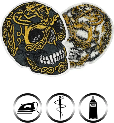 Miniatura 3 de Parche de calavera piratas Parche termoadhesivo de calavera dorada para todas las telas y cuero, calcomanía de cabeza de calavera para ropa