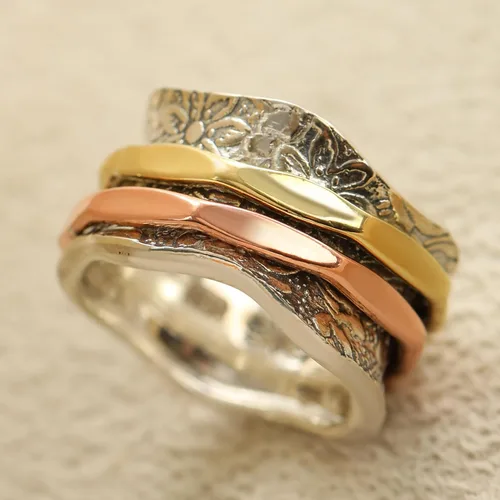 Miniatura 2 de ENERGY STONE Anillo antiestrés de plata de ley 925 Anillo giratorio para mujer Equilibrio y belleza Belleza exquisita romántica Patrón floral