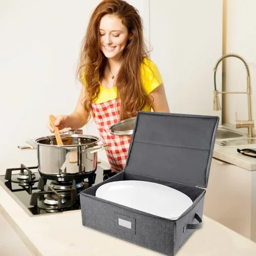 Miniatura 8 de Caja de almacenamiento para platos popoly, contenedores de almacenamiento de porcelana de carcasa dura 17" x 13" x 6", incluye 5 separadores