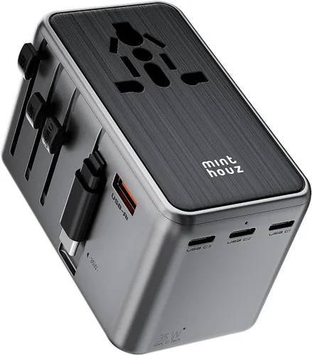 Minthouz Adaptador de viaje universal, adaptador de corriente internacional de 35 W, cargador rápido GaN con 3 USB-C PD y cable y 1 puerto USB-A,