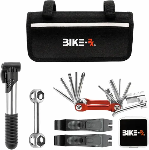 Bike Rx - Kit de reparación de bicicletas, bolsa de herramientas multiherramienta 16 en 1, mini bomba de 120 PSI, palancas de neumáticos, parches,