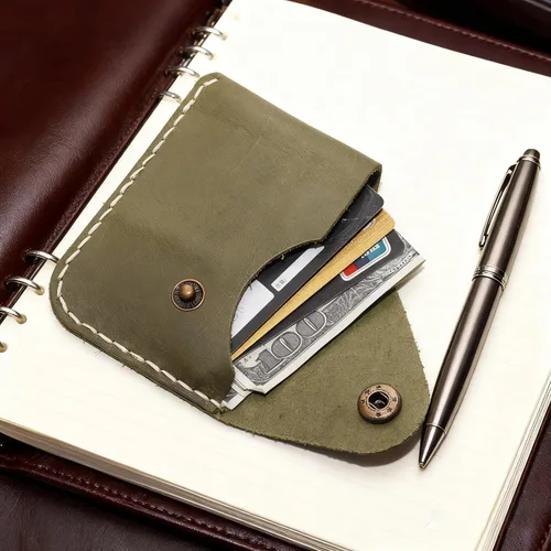 Miniatura 65 de Cartera organizadora de tarjetas de bolsillo frontal cosida a mano minimalista de cuero genuino para tarjetas, billetera con tarjetero pequeño, Negro
