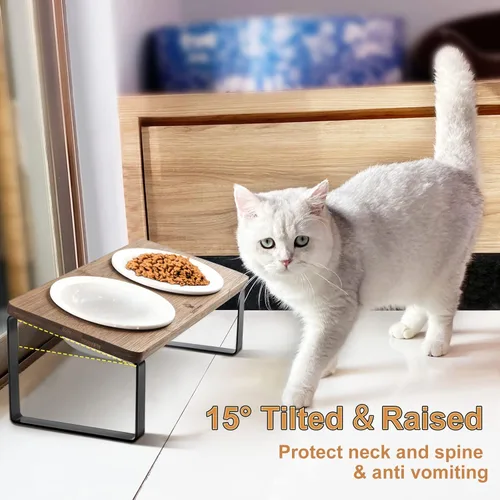 Miniatura 4 de Sunhoo Cuencos elevados de cerámica para gatos, platos elevados para cachorros para alimentos y agua, soporte de madera inclinado para gatos