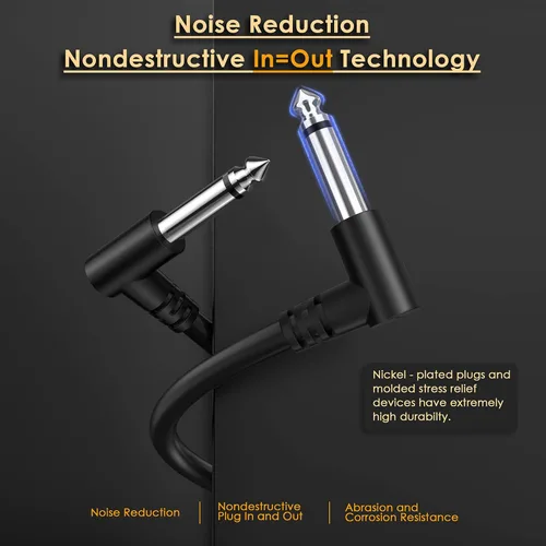 Miniatura 4 de Paquete de 3 cables de efecto de cable de parche de pedal de guitarra negro de 3 pulgadas, TS en ángulo recto de 1/4 pulgadas