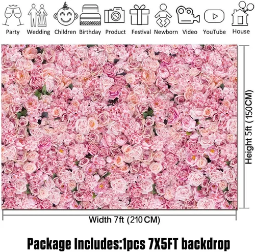 Miniatura 5 de Fondo de fotos de pared con rosas rosadas, decoración de fiesta de cumpleaños para niñas, telón de fondo de fotografía para el día de San Valentín