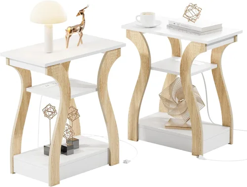 Miniatura 15 de FROMJBEST - Mesa auxiliar con estación de carga; mesa de lado con puertos USB y tomas de corriente; mesa de noche de sofá de 3 niveles para espacios