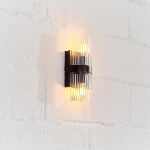 Miniatura 4 de Globe Electric 65000050 Aplique de pared de 2 luces, negro mate, pantalla de vidrio acanalado, enchufes de base E12, luces para sala de estar