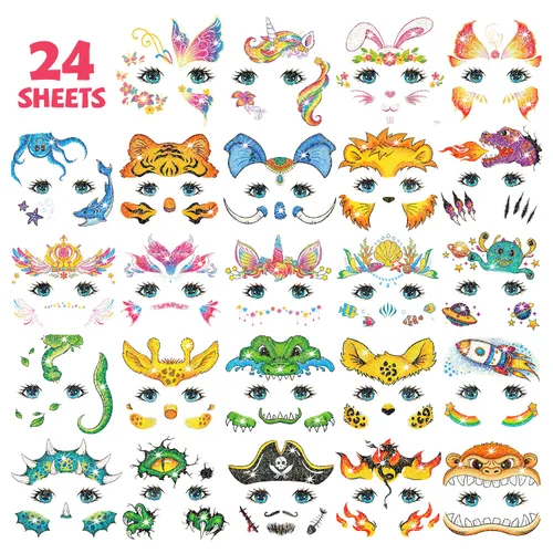 Miniatura 2 de Leesgel 24 hojas de tatuajes faciales con purpurina para niños, tatuajes de pintura facial para cumpleaños de niños y niñas, recuerdos de fiesta