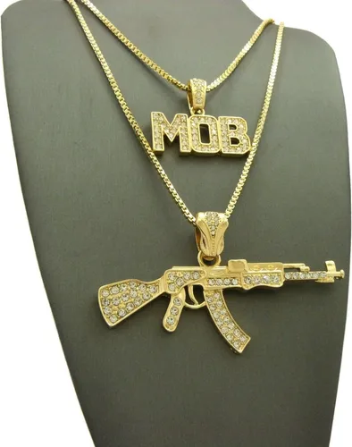 Miniatura 5 de Shiny Jewelers USA Juego de collar de cadena con colgante para hombre, pistola AK 47 picador pulgar, vida, Metal, Circonia cúbica