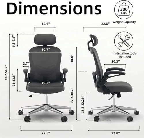 Miniatura 3 de Silla de oficina, malla ergonómica transpirable, brazos abatibles y respaldo alto ajustable, cómoda silla de computadora para oficina en casa Negro
