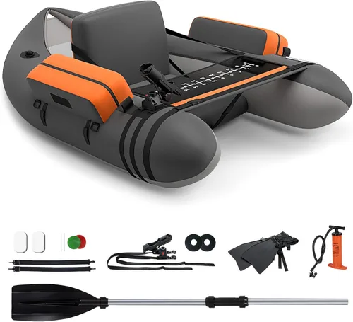 GYMAX Tubo flotador de pesca, barco de pesca inflable de 350 libras con paleta, bomba, aletas, estatores de anzuelos, regla de pescado, bolsillos de