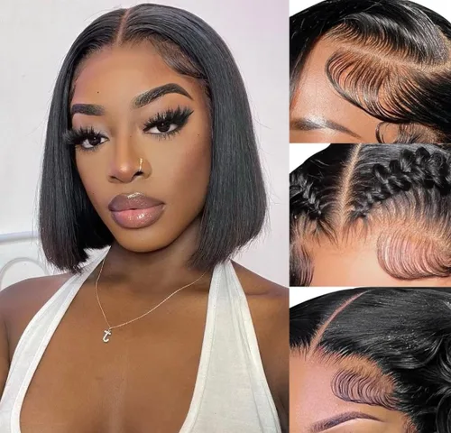 Miniatura 10 de Peluca de cabello humano sin pegamento, predepilada, precortada, recta, corta con encaje frontal para mujer, 4x4, cierre de encaje HD, peluca