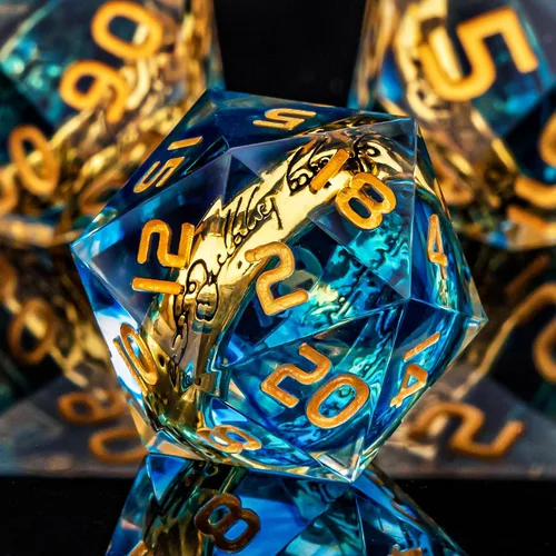 Miniatura 3 de OUKELANWO Magic Lord Rings - Juego de dados DND con caja, 7 piezas de dados LOTR D&D de resina para juegos de rol, dados azul dorado de Dungeons