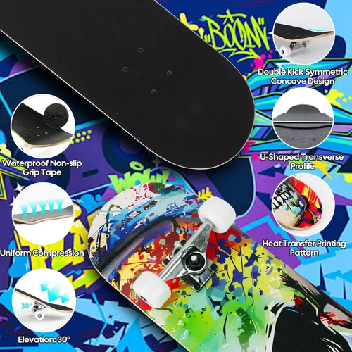 Miniatura 5 de Patinetas para principiantes, adultos, jóvenes, adolescentes, niños o niñas, de 31 x 8 pulgadas, patinetas completas de 7 capas de madera de arce