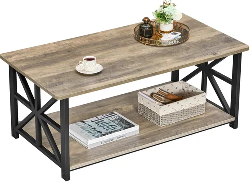 GreenForest - Mesa de café para sala de estar con esquinas redondas, mesa central estilo granja con estante de almacenamiento de 39 pulgadas, ahorro