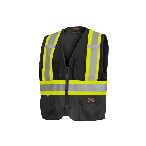 Pioneer Chaleco de seguridad para hombre – Hi Vis reflectante neón sólido, 8 bolsillos, cremallera, ajustable para construcción, tráfico, trabajo de