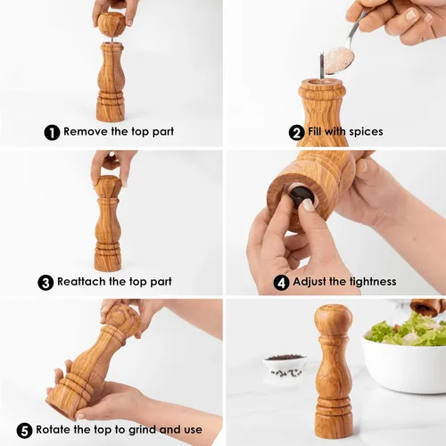 Miniatura 8 de Molinillo de sal y pimienta de madera para cocina, 6.3 in (6.3 pulgadas) recargables para sal y pimienta ajustables para un grosor personalizado