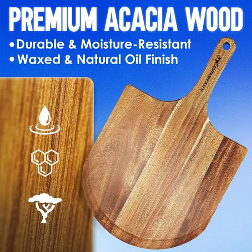 Miniatura 4 de KitchenStar Pela de pizza de madera de acacia de 14 pulgadas – Tabla grande de madera para cortar y servir con mango – Acabado de aceite natural