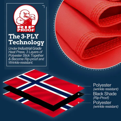 Miniatura 2 de Anley Bandera de Noruega de 3 capas de doble cara a prueba de rasgaduras de 3 x 5 pies, color vivo, cabecera de lona y resistente a las arrugas