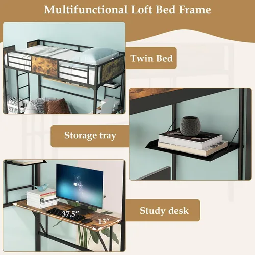 Miniatura 4 de Giantex Cama alta de metal tamaño individual con escritorio y estante de almacenamiento, marco de cama alta resistente con escalera integrada