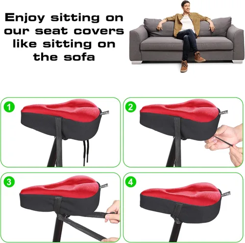 Miniatura 6 de Zacro Cojín de asiento de bicicleta, funda acolchada de gel para asiento de bicicleta para hombres y mujeres, cómodo, asiento de bicicleta Rojo