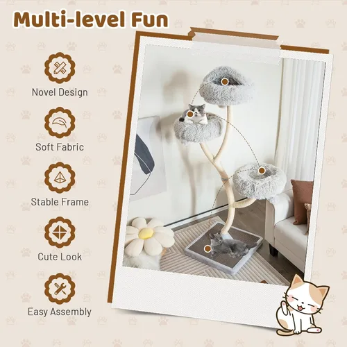 Miniatura 8 de Tangkula Árbol alto para gatos, torre grande de varios niveles para gatos de 70 pulgadas con 3 perchas cálidas, 3 bolas de tintineo, postes Gris